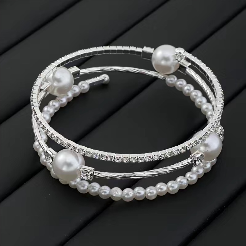 Silver Pearl & Rhinestone Bangle - Picture 2 of 4